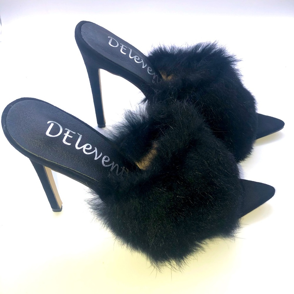 Black fur pointed toe heels